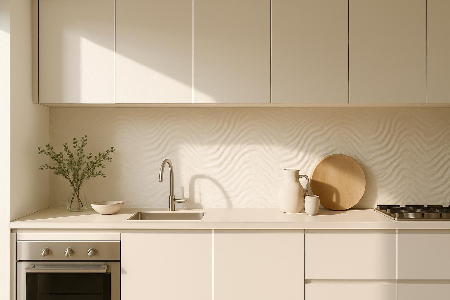 Cuisine moderne beige minimaliste avec évier et four